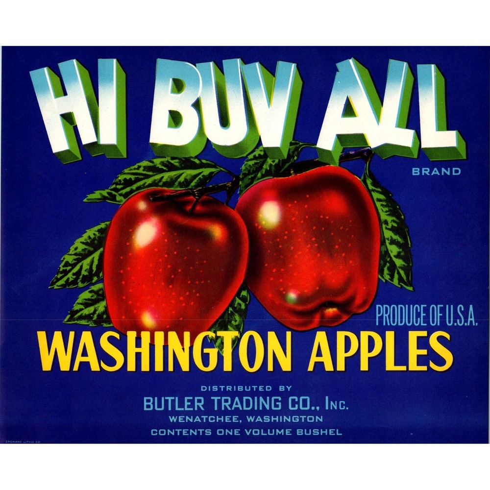 1950s Vintage Apple Crate/Box Label Hi Buv All Apples Wenatchee Original
